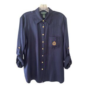 Lauren Ralph Lauren Women’s Size 12 100% Silk Navy Blouse – Gold Crest Logo – Lo